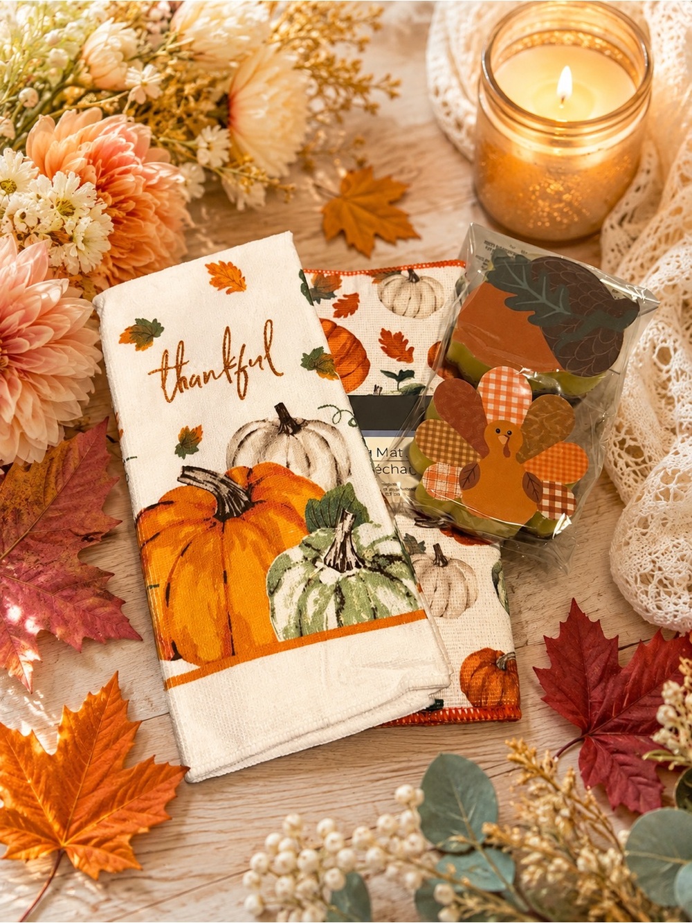 Thankful Pumpkin Kitchen Towels Set: kitchen towel, dish dry mat & 2 sponges
